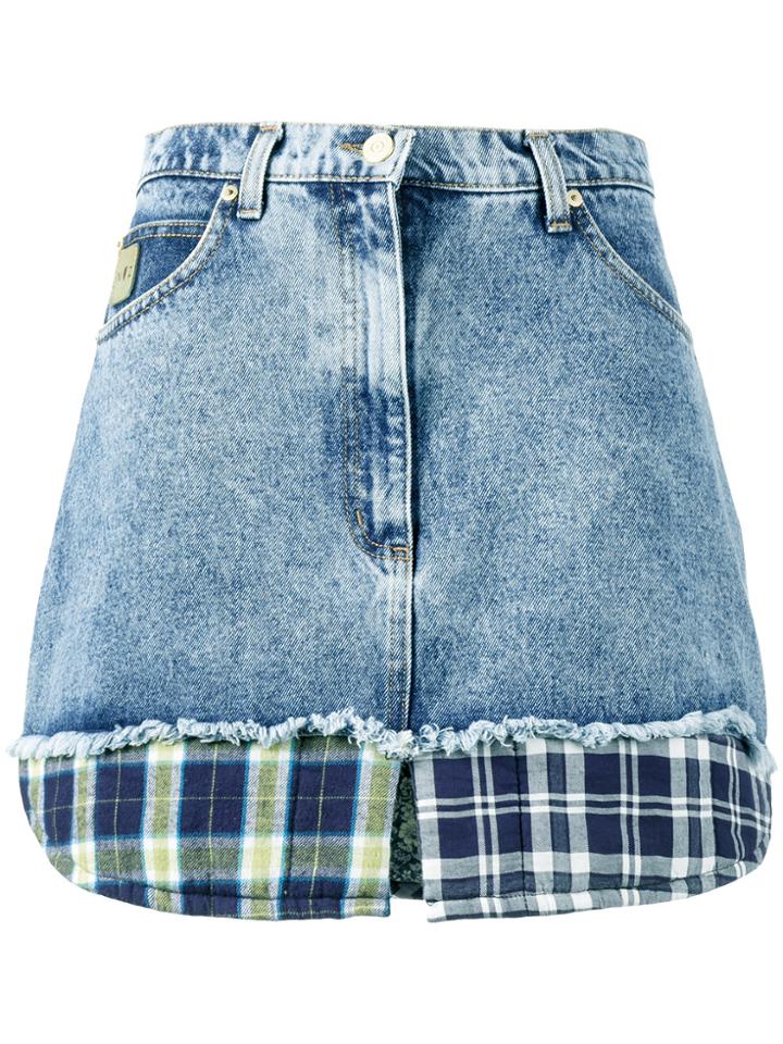 Natasha Zinko Check Print Trimmed Denim Mini Skirt - Blue