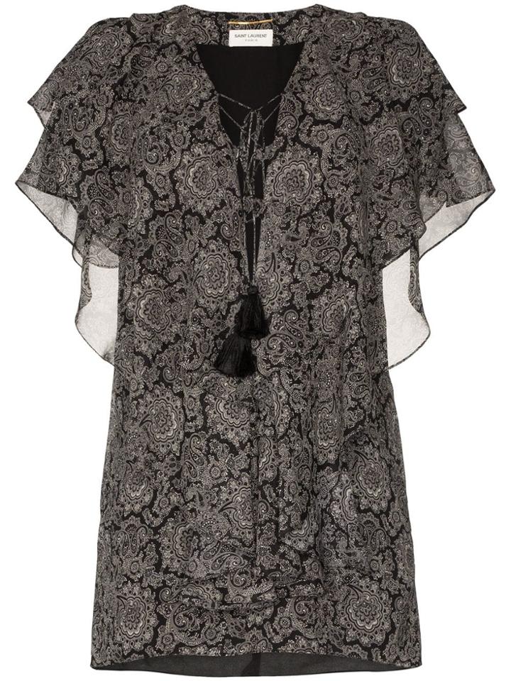 Saint Laurent Paisley Print Ruffle Silk Mini Dress - Black