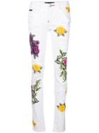 Philipp Plein Floral Appliqué Distressed Slim Fit Jeans - White