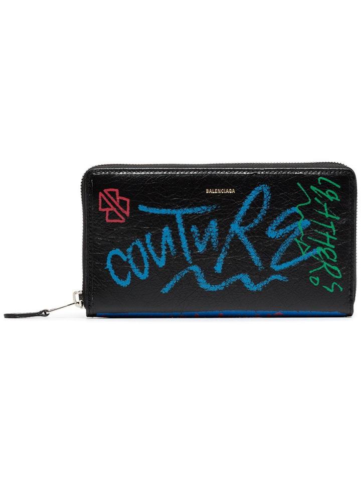 Balenciaga Black Bazar Continental Graffiti Leather Wallet