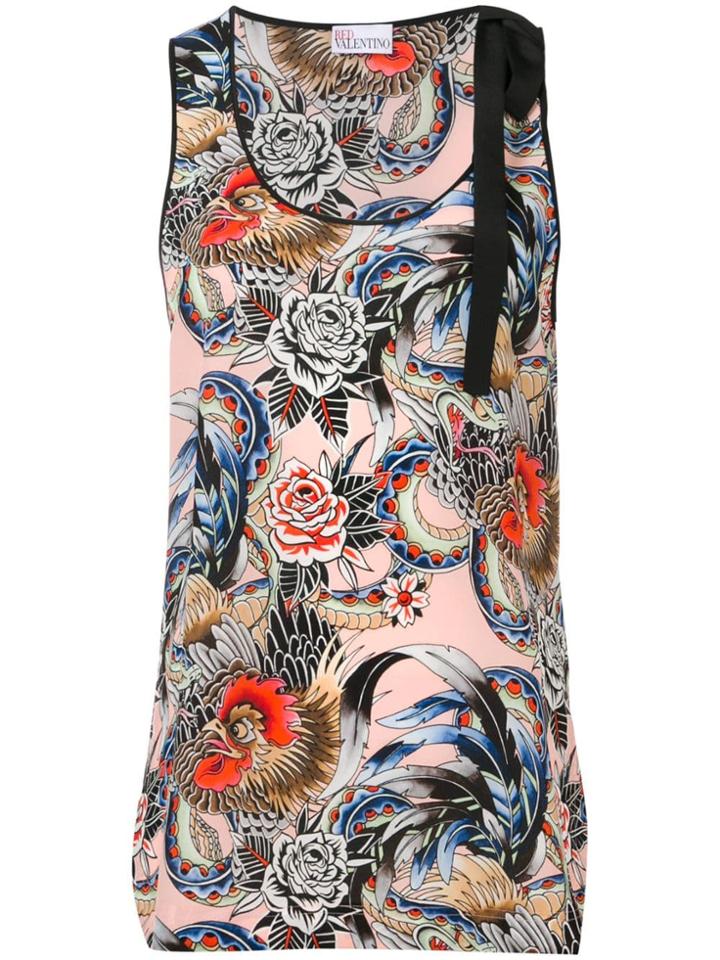 Red Valentino Rooster And Floral Print Tank Top - Pink