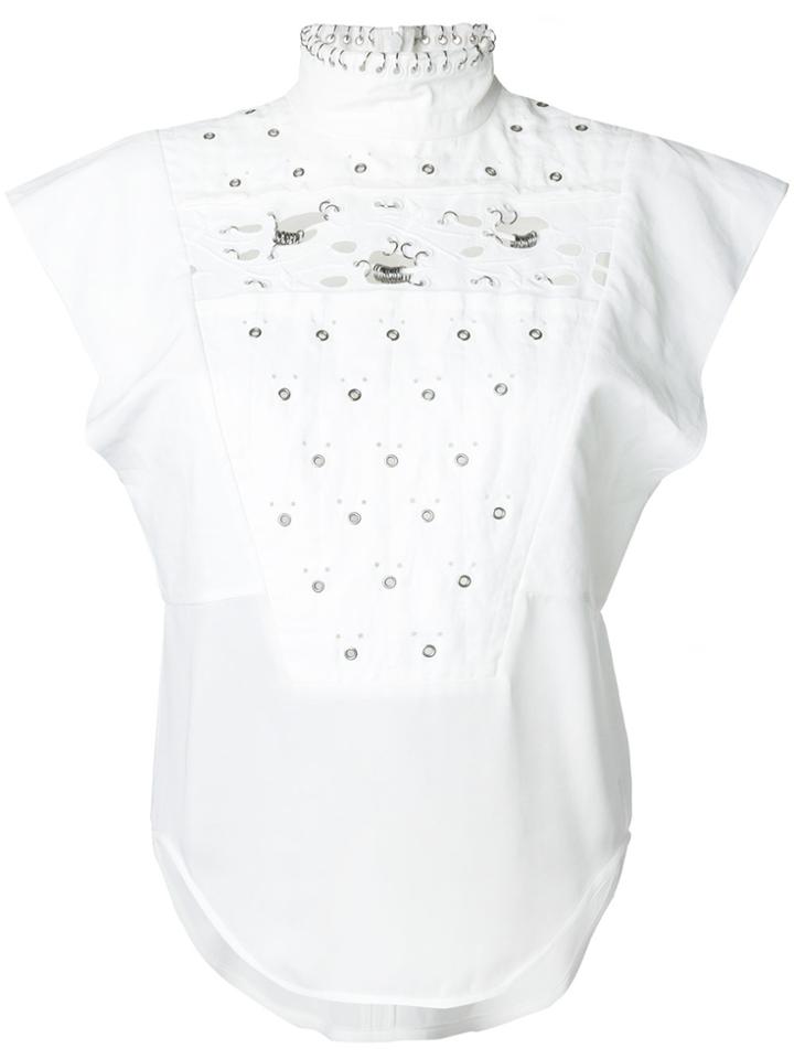 Chloé Pierced Eyelet Studded Funnel Neck Blouse - White