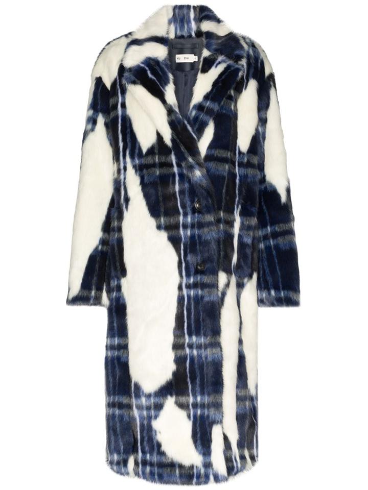 Xu Zhi Tartan Patch Faux Fur Coat - White