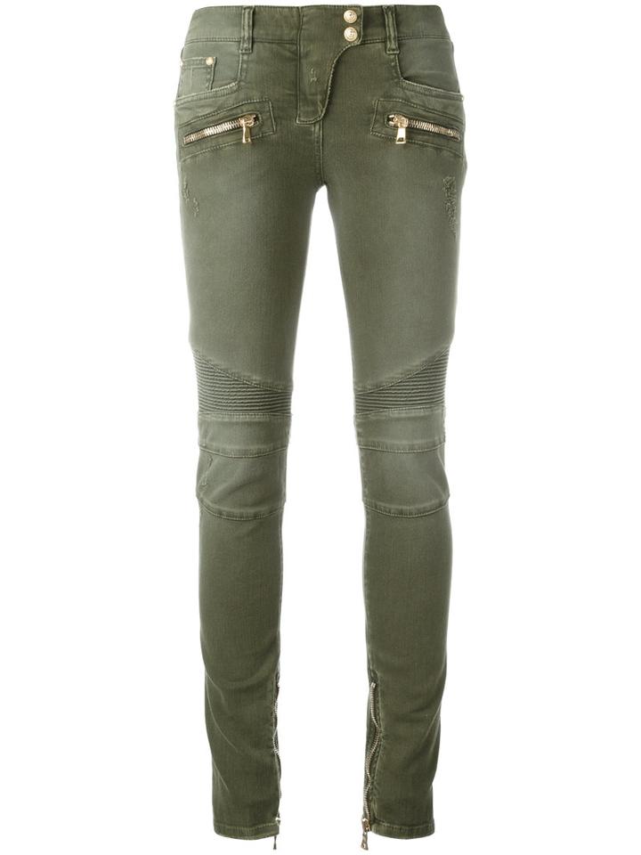 Balmain Skinny Biker Jeans, Women's, Size: 40, Green, Cotton/spandex/elastane