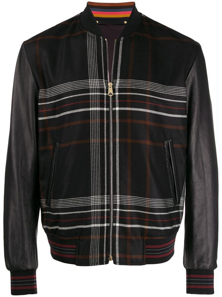 Paul Smith Checked Pattern Leather Bomber Jacket - Black