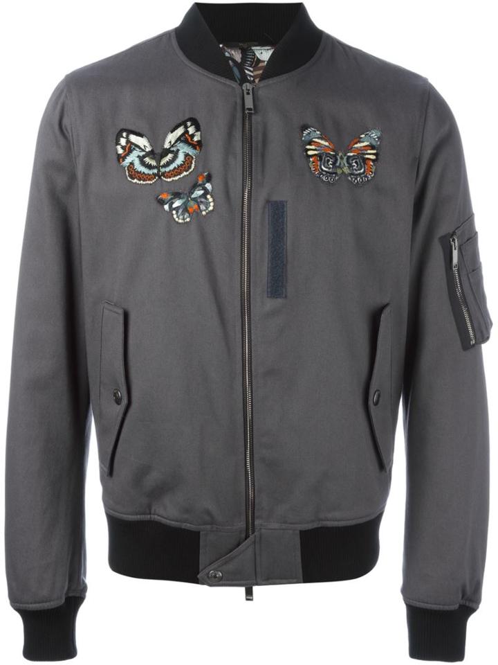 Valentino Embroidered Jamaica Butterflies Bomber Jacket, Men's, Size: 46, Grey, Cotton/polyamide/spandex/elastane/virgin Wool