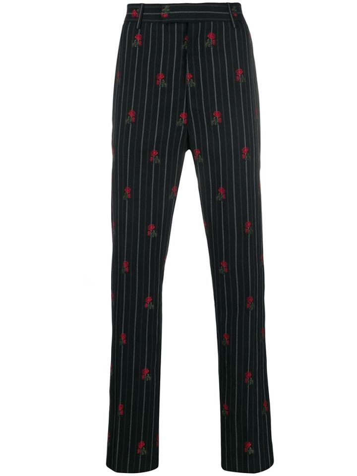 Alexander Mcqueen Rose Embroidered Pinstriped Trousers - Black