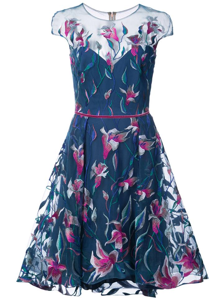 Marchesa Notte Embroidered Flared Dress - Blue