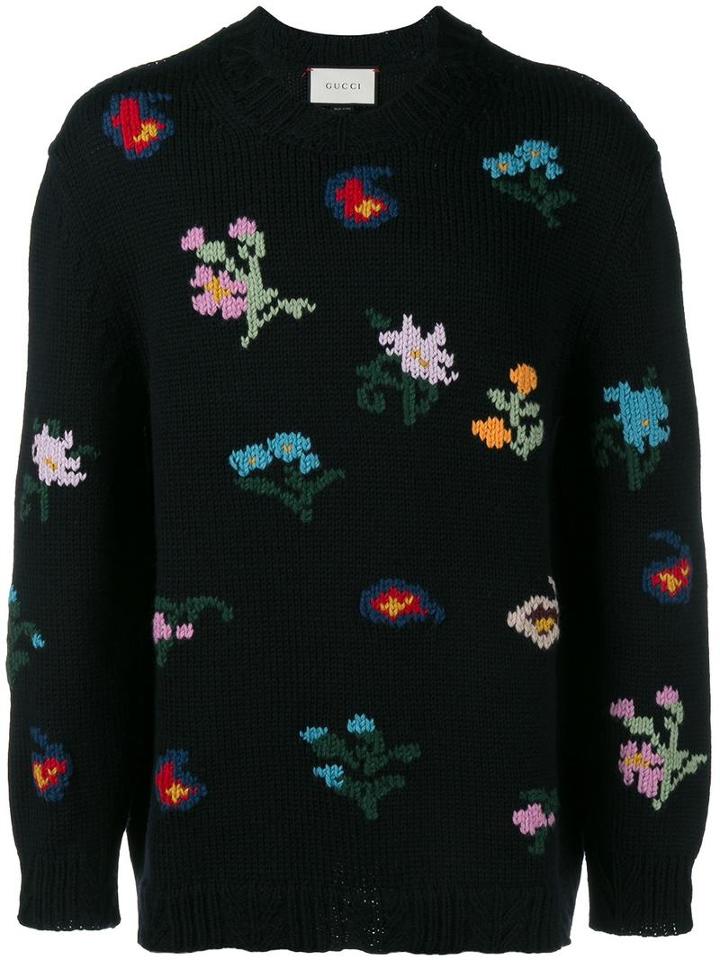 Gucci Floral Accent Knit Jumper, Men's, Size: Xl, Black, Acrylic/wool