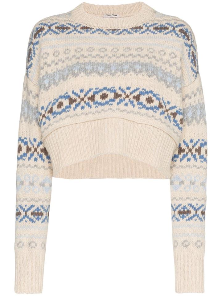 Miu Miu Fair Isle Knitted Cropped Virgin Wool Sweater - Nude &