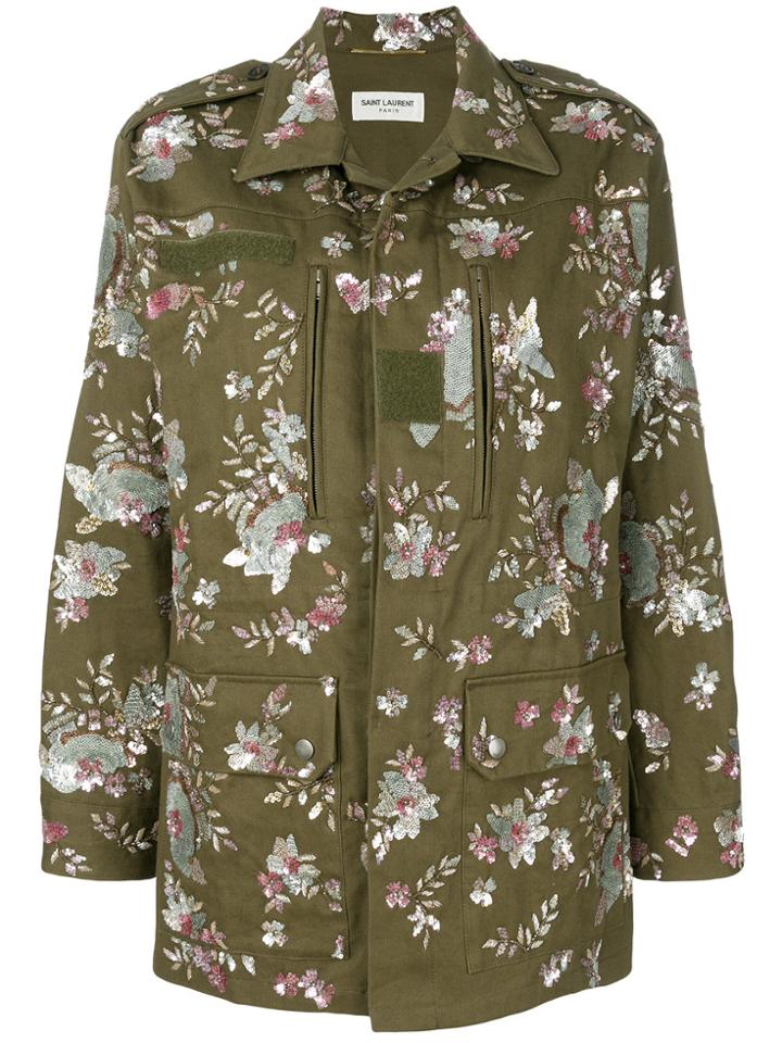 Saint Laurent Floral Embroidered Parka Coat - Green