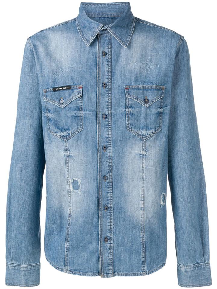 Philipp Plein Distressed Denim Shirt - Blue