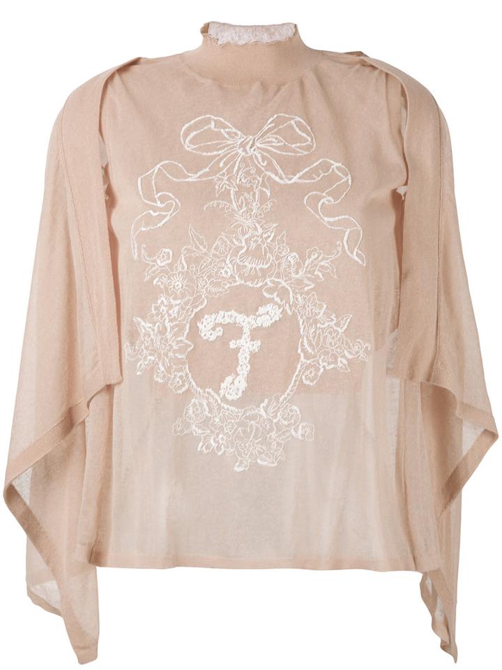 Fendi Embroidered Gauze Logo Top, Women's, Size: 40, Pink/purple, Cotton/linen/flax/polyamide/polyester