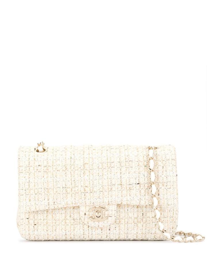 Chanel Pre-owned Tweed Double Flap Chain Shoulder Bag - White