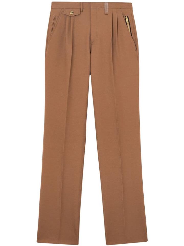 Burberry Zip Detail Wool Twill Pleated Trousers - Brown