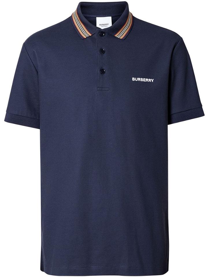 Burberry Icon Stripe Detail Cotton Piqué Polo Shirt - Blue