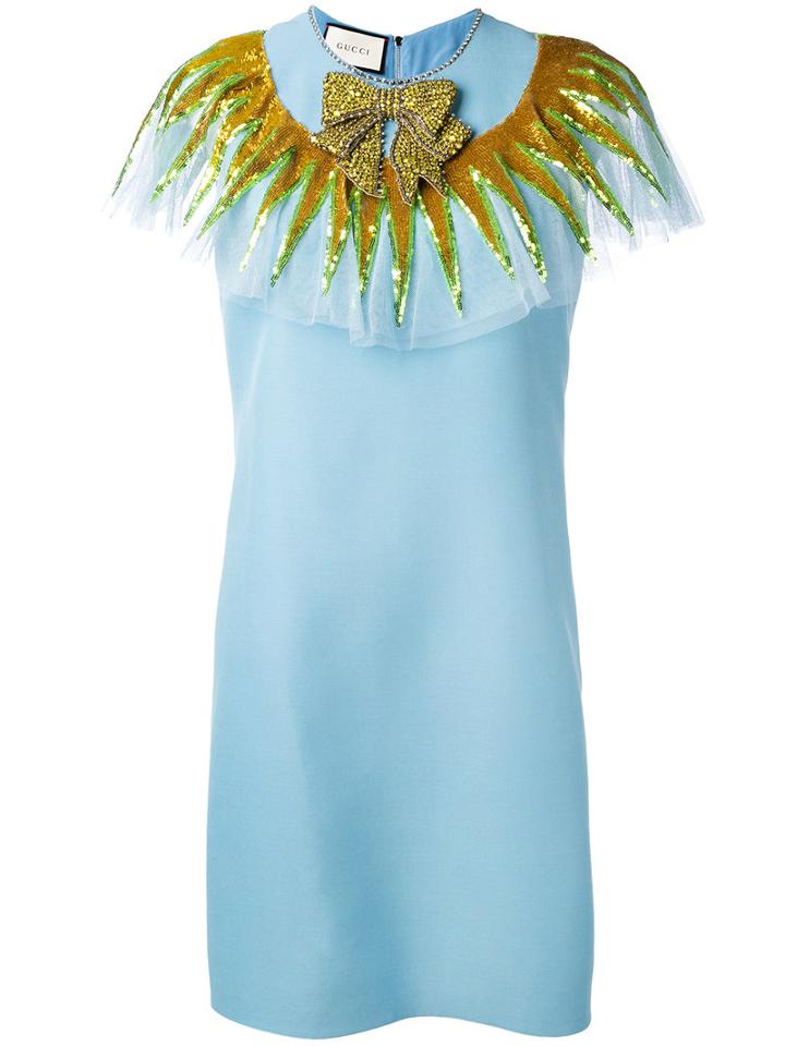 Gucci - Embellished Neck Dress - Women - Silk/polyamide/acetate/wool - 42, Blue, Silk/polyamide/acetate/wool