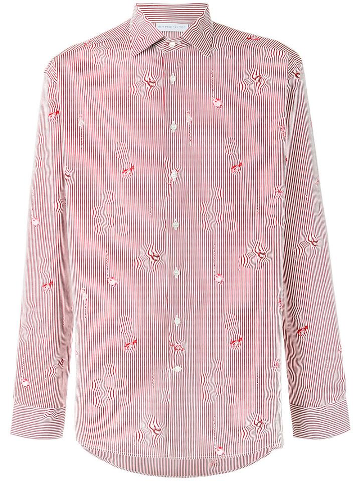 Etro Fish Print Striped Shirt, Men's, Size: 39, Red, Cotton
