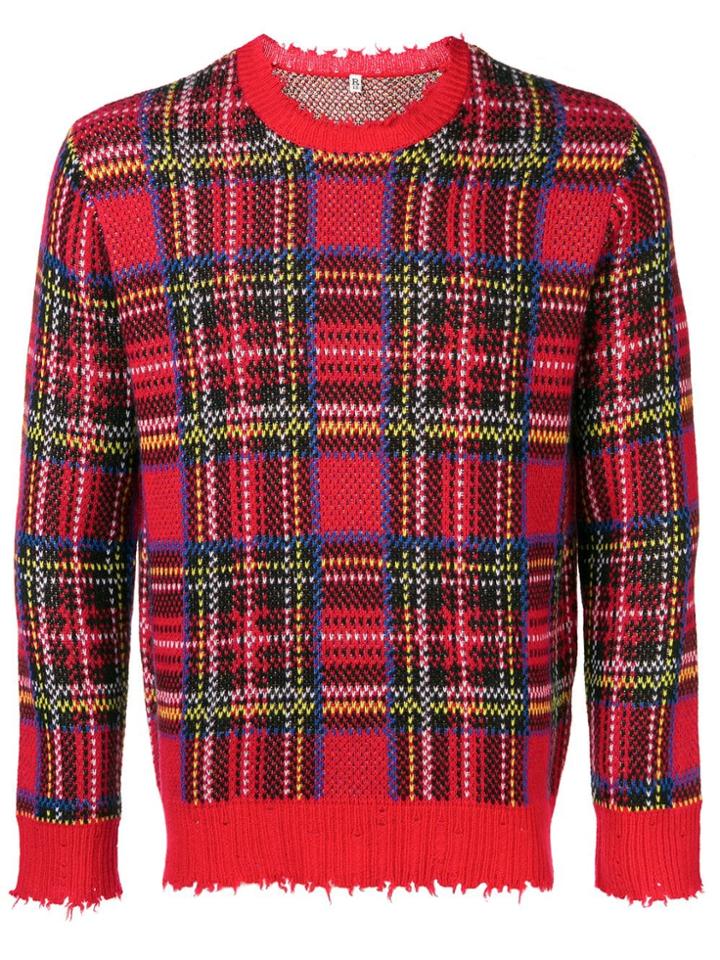 R13 Frayed Hem Plaid Sweater - Red