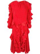 Pushbutton Ruffled Polka-dot Midi Dress - Red