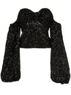 Attico Sequin Knitted Puff Sleeve Top - Black