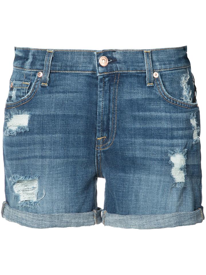 7 For All Mankind - Distressed Denim Shorts - Women - Cotton/spandex/elastane - 24, Blue, Cotton/spandex/elastane