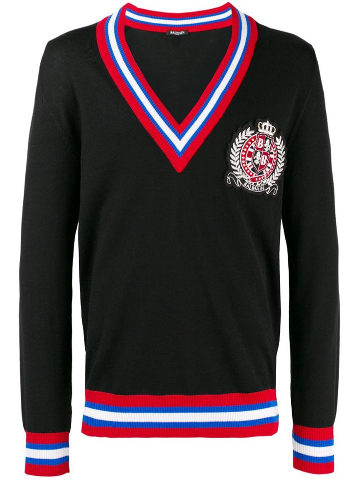 Balmain Pull Col V Profond A Bc Tricolore B - Black