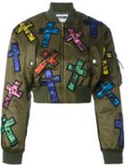 Moschino Cross Patch Cropped Bomber Jacket, Women's, Size: 40, Green, Polyamide/viscose/polyester