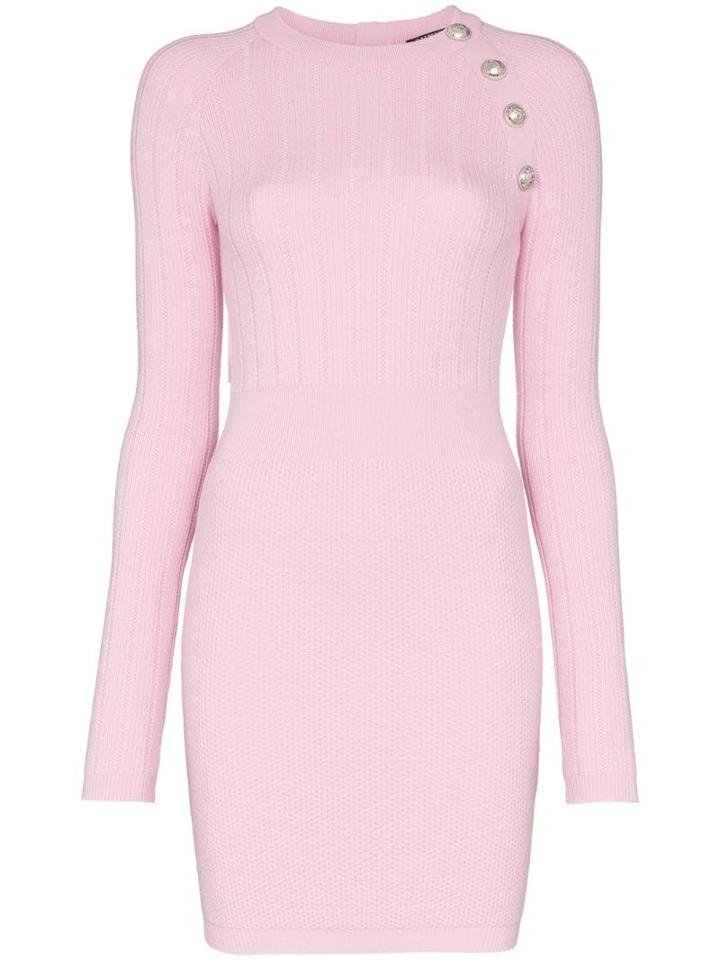 Balmain Button Embellished Knit Mini Dress - Pink