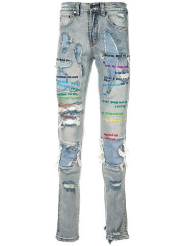 Ev Brovado Distressed Slogan Skinny Jeans - Blue