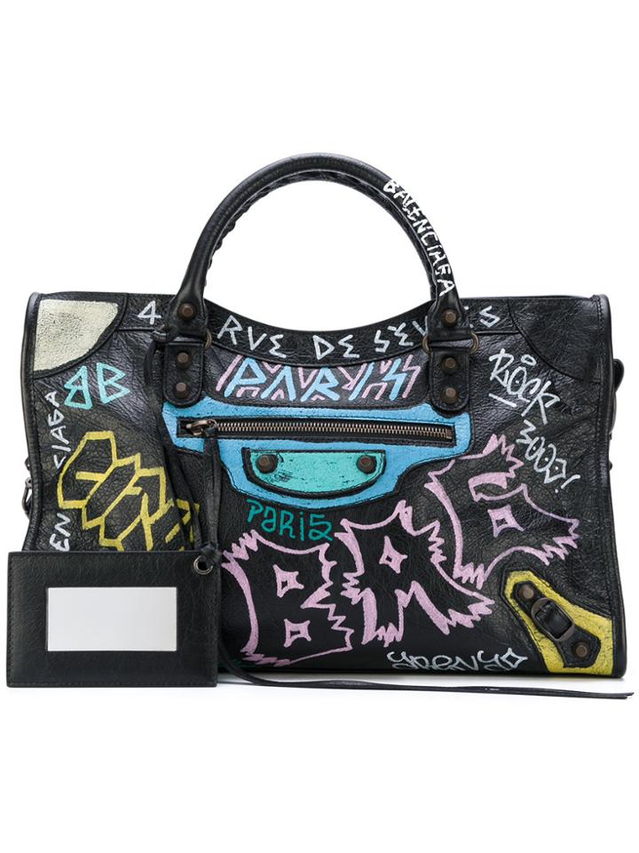 Balenciaga Graffiti Classic City Tote Bag - Black