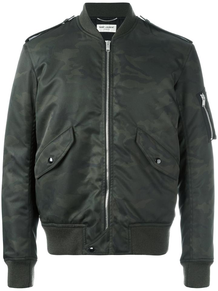 Saint Laurent Camouflage Print Bomber Jacket, Men's, Size: 48, Green, Cotton/nylon 12