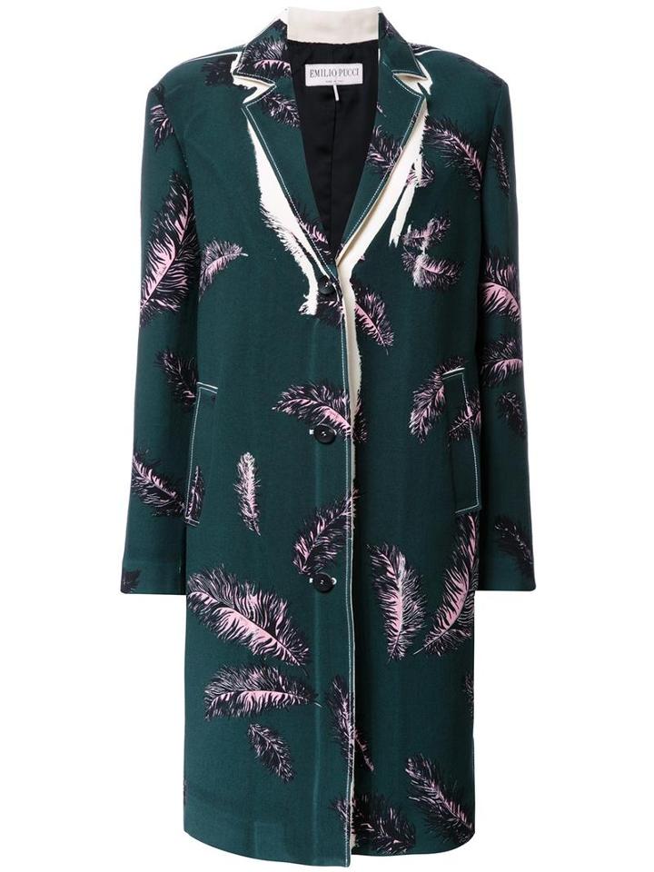 Emilio Pucci Feather Print Coat, Women's, Size: 40, Green, Wool