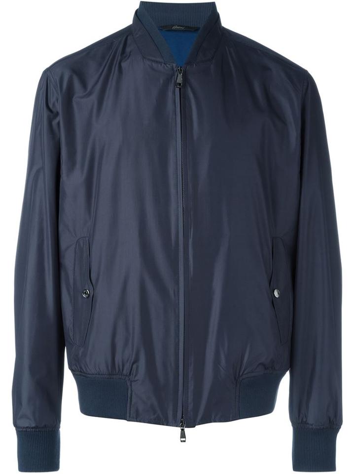 Brioni Zip Bomber Jacket, Men's, Size: Xl, Blue, Silk