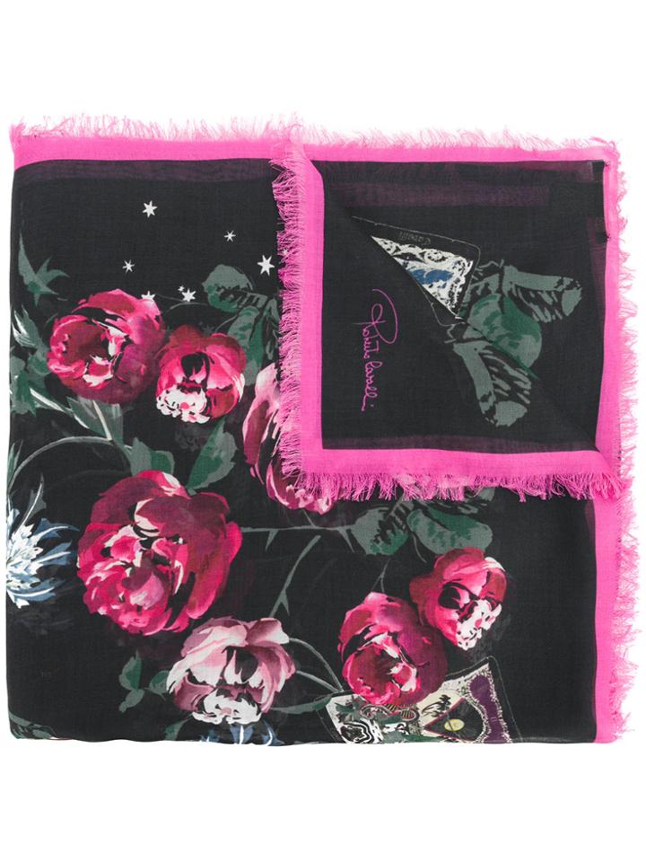 Roberto Cavalli Floral Fringed Scarf - Black