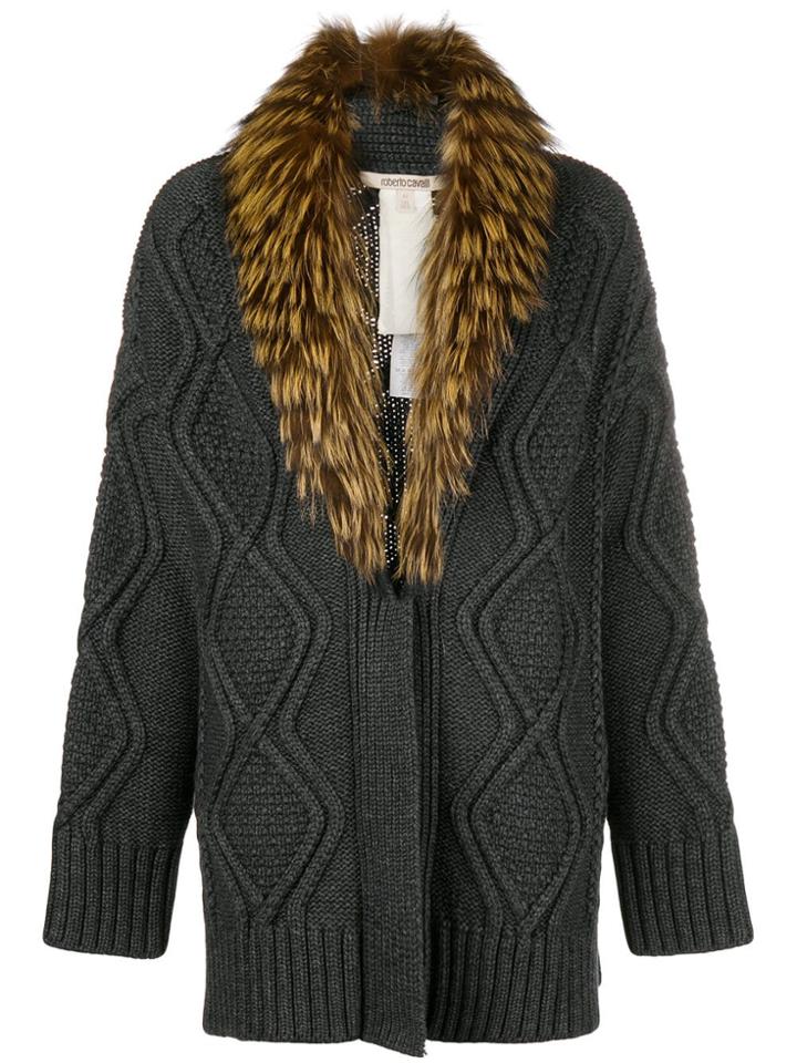 Roberto Cavalli Fur-collar Cable Knit Cardigan - Grey