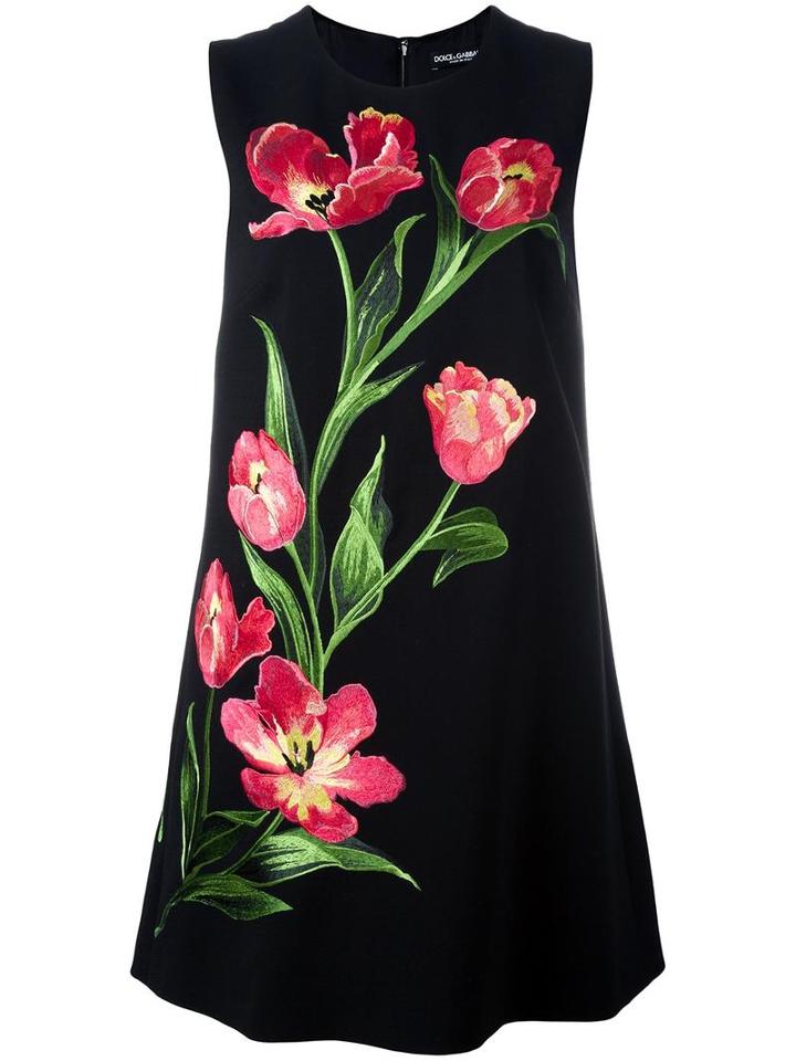 Dolce & Gabbana Embroidered Tulip Shift Dress, Women's, Size: 40, Black, Silk/polyester/spandex/elastane/virgin Wool