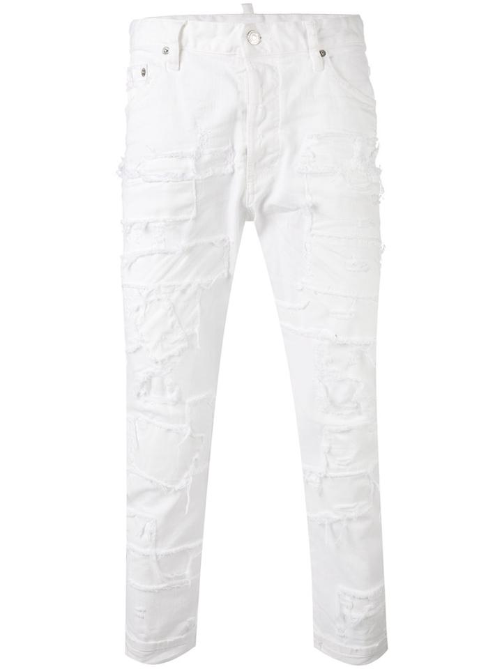 Dsquared2 Distressed Trousers, Men's, Size: 50, White, Cotton/spandex/elastane