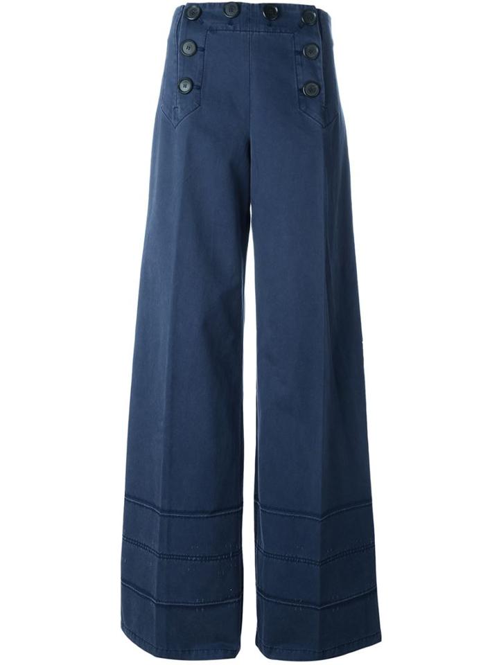 Marc By Marc Jacobs Wide Leg Buttoned Trousers, Women's, Size: 4, Blue, Cotton