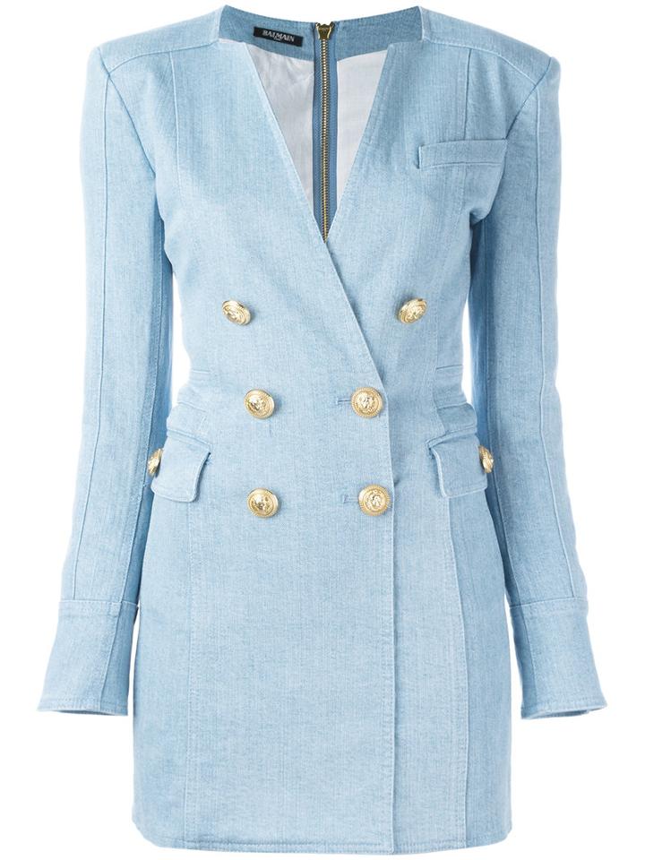 Balmain Double Breasted Denim Dress, Women's, Size: 34, Blue, Cotton/spandex/elastane