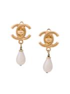 Chanel Vintage Turnlock Drop Pearl Earrings - Metallic