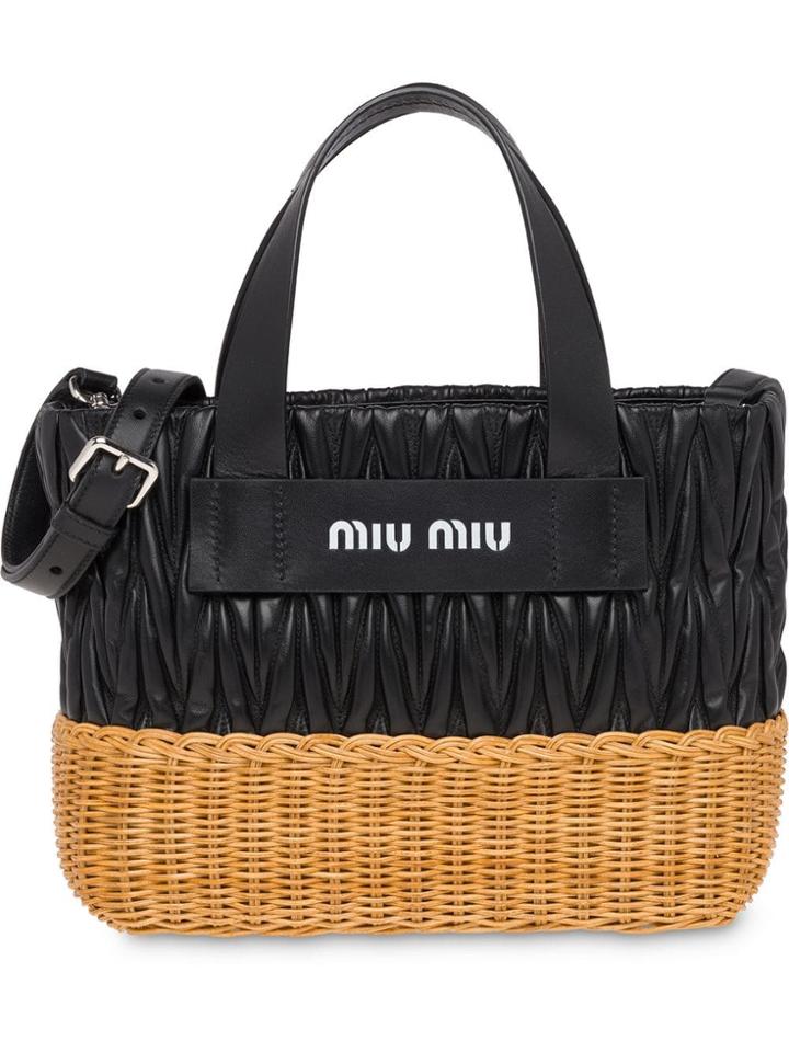 Miu Miu Matelassé And Wicker Tote Bag - Black