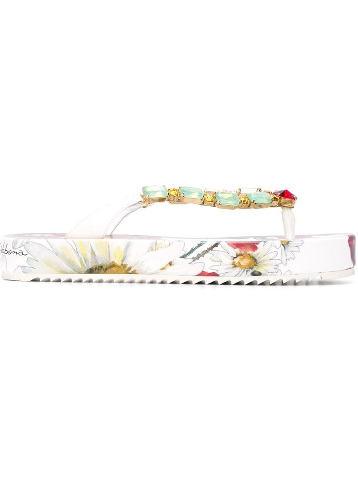 Dolce & Gabbana Embellished Platform Flip Flops, Women's, Size: 35, White, Calf Leather/stone/rubber