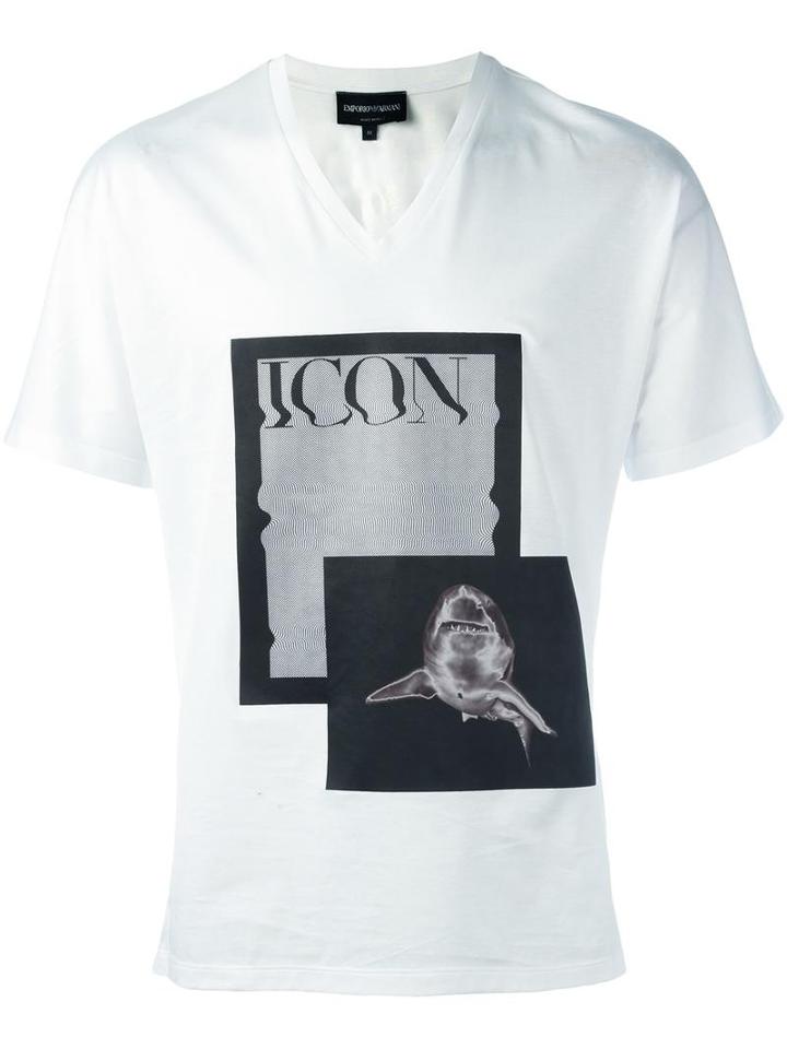 Emporio Armani Icon Shark Print T-shirt, Men's, Size: Large, White, Cotton