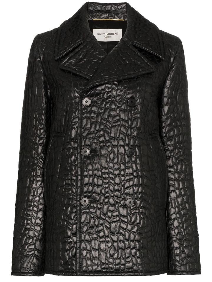 Saint Laurent Lacquered Crocodile-style Pea Coat - Black