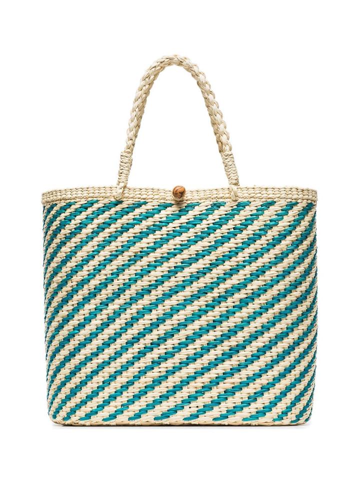Sensi Studio Teal And Cream Woven Straw Tote Bag - Blue