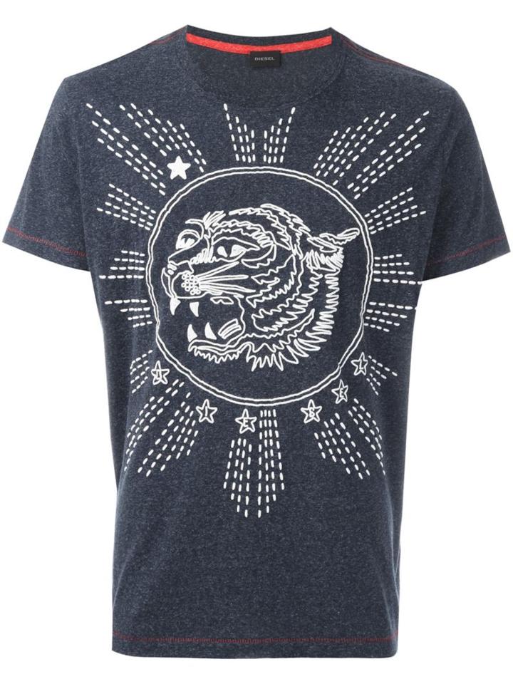 Diesel Tiger Print T-shirt, Men's, Size: Medium, Blue, Cotton/polyester