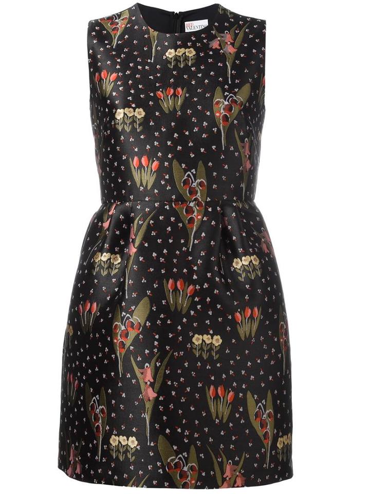 Floral Pattern Flared Dress, Women's, Size: 40, Black, Polyester/acetate, Red Valentino