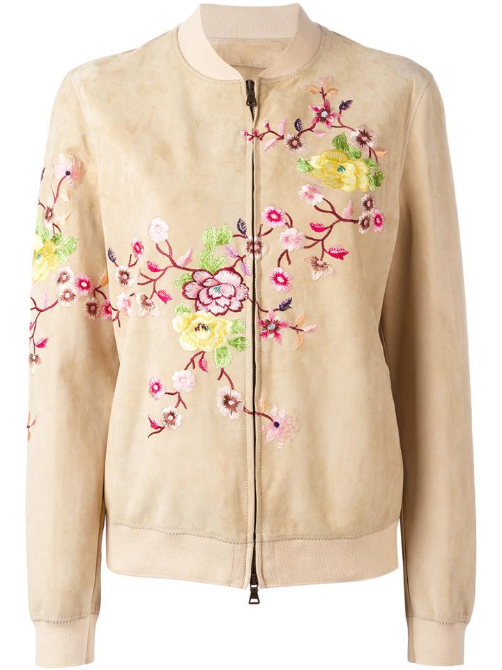 Etro Floral Embellished Bomber Jacket, Women's, Size: 42, Nude/neutrals, Lamb Skin/viscose/cotton/spandex/elastane