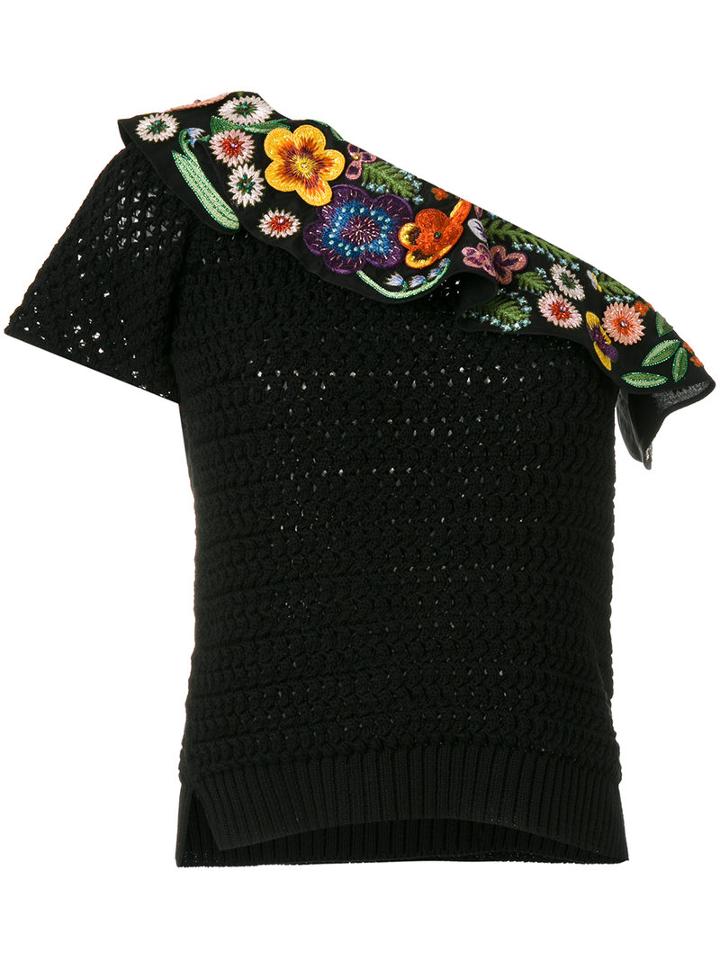 Fendi Embroidered One Shoulder Top, Women's, Size: 42, Black, Cotton/glass/viscose/polyester
